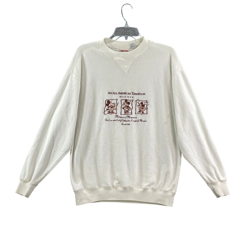 Mickey Inc Sweatshirt Women S White Minnie Mouse Vintage Embroidered Fleece Crew